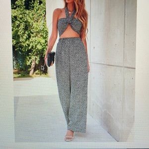 Leopard print Tie back halter top and wide leg pants